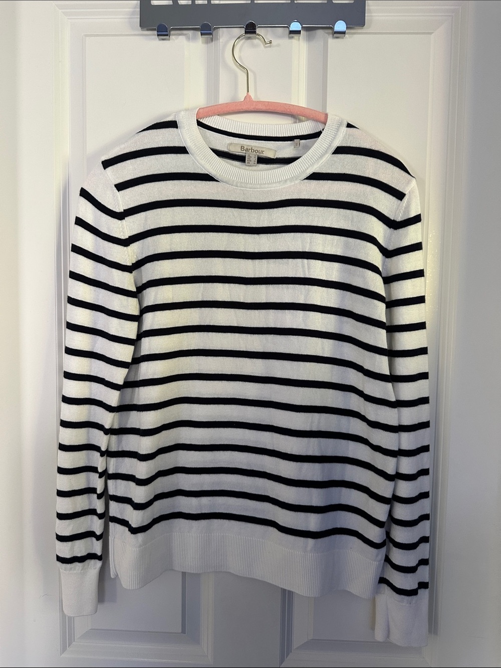 Barbour White and Black Striped Crewneck Sweater